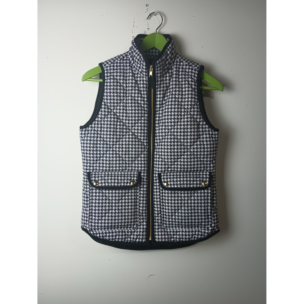 J.Crew Excursion Quilted Vest Black White Houndstooth Gold Zip XXS